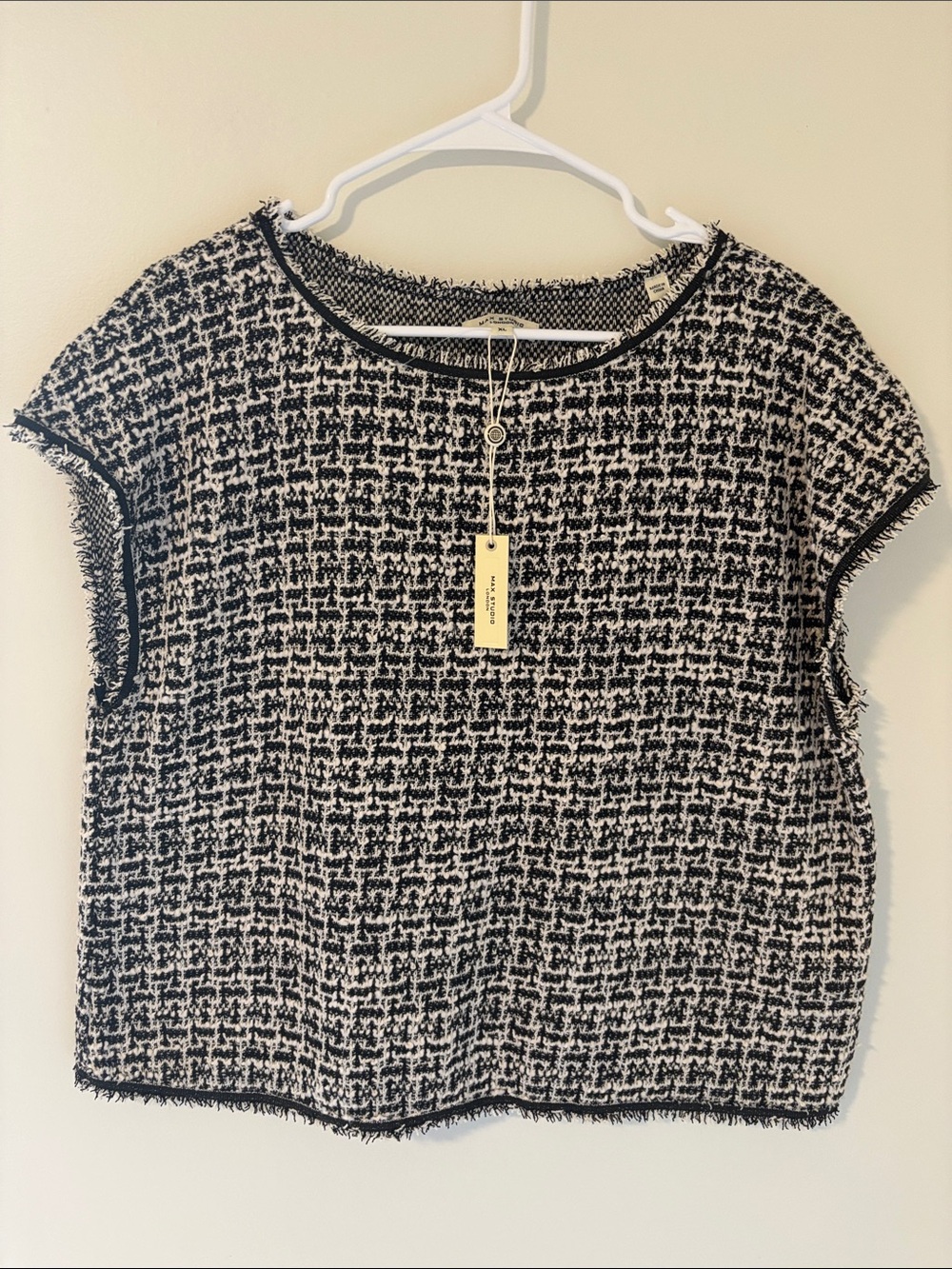 Max Studio NWT Black & White Tweed Top with Fringe Trim